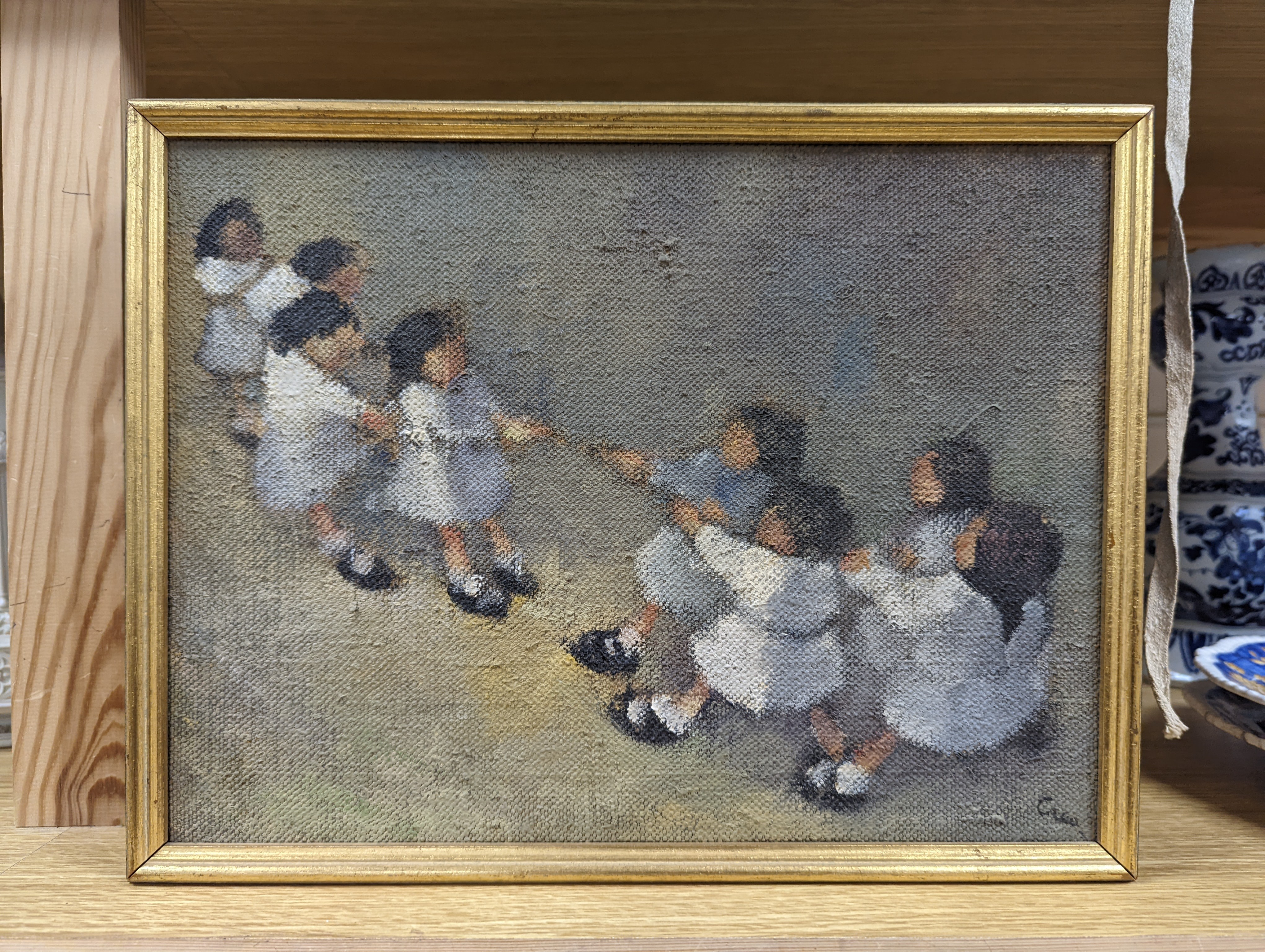 Continental School, oil on canvas, Children at tug-o-war, monogrammed, 23 x 31cm